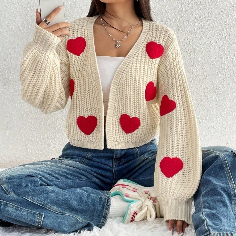 Multicolor Casual Womens Heart Pattern Drop Shoulder Duster Cardigan - Picture 3 of 5